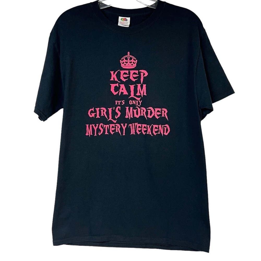 Fruit Of The Loom T-Shirt M Black‎ Graphic Print Mystery Weekend Pullover Fun